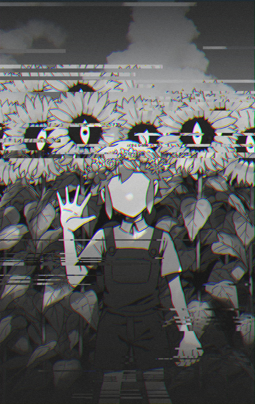 1boy, basil_(headspace)_(omori), basil_(omori), clouds, collared_shirt, faceless, faceless_male, glitch