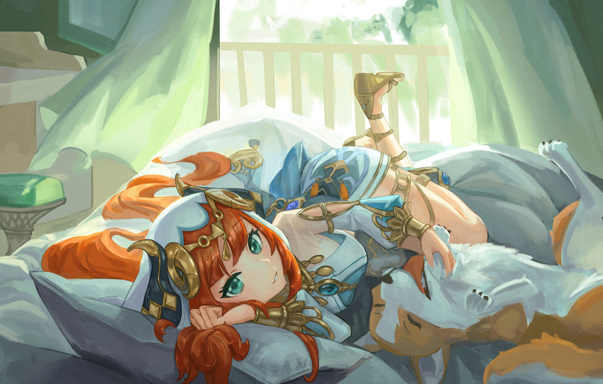 1girl, animal, aqua_eyes, bqch, breasts, commentary, english_commentary, fox, genshin_impact, grin, horns, long_hair, looking_at_viewer, lying, nilou_(genshin_impact), on_side, orange_hair, sandals, smile, solo, tongue, tongue_out, veil