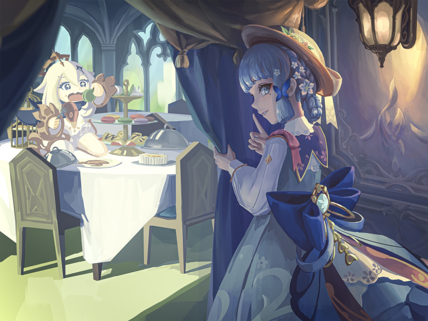 1girl, 2girls, back, blue_hair, bqch, braid, chair, commentary