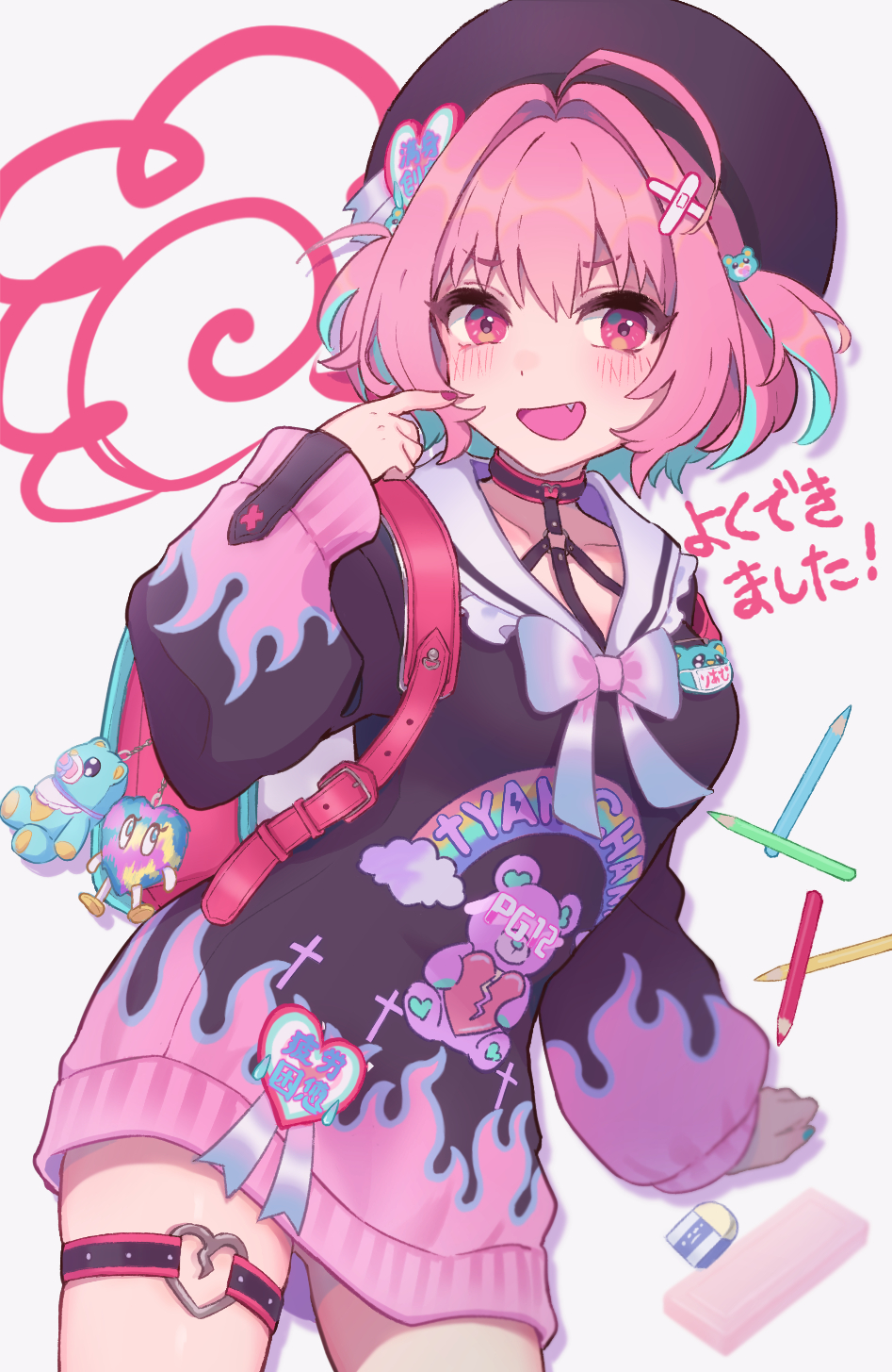 1girl, ahoge, alternate_costume, backpack, bag, blue_hair, blush, collarbone