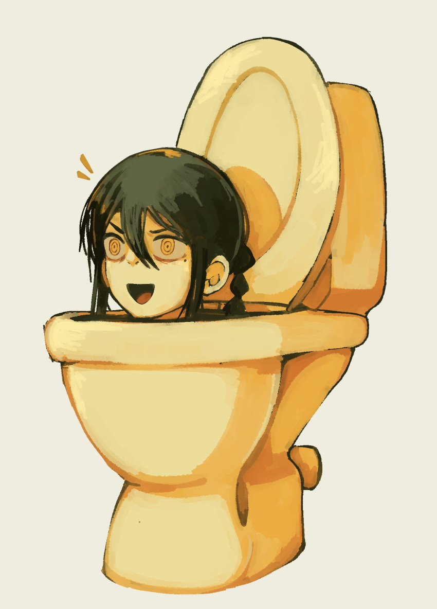 1girl, :d, black_hair, blupixl, braid, braided_ponytail, chainsaw_man, hair_between_eyes