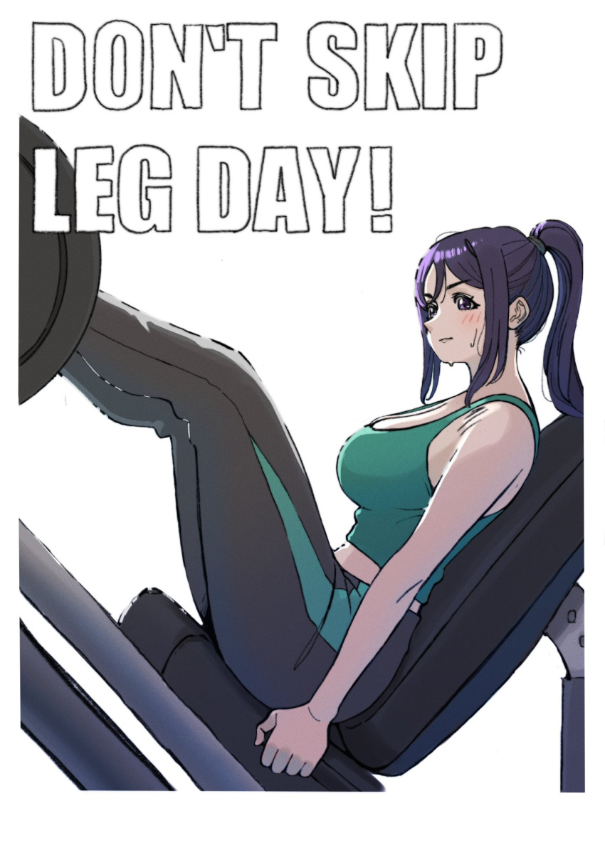 1girl, blue_hair, blush, breasts, commentary_request, crop_top, dunchy, english_text, exercising, green_shirt, grey_pants, hair_tie, highres, large_breasts, leg_press_machine, long_hair, love_live!, love_live!_sunshine!!, matsuura_kanan, pants, shirt, side_ponytail, solo, sweatdrop, sweatpants, white_background