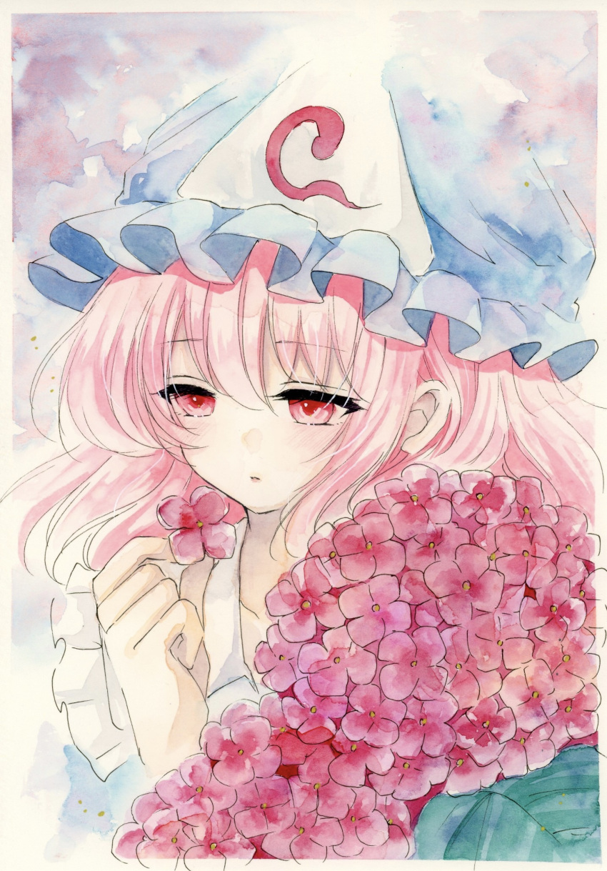 1girl, blue_hat, blue_kimono, boutique, commentary_request, flower, hat, highres, japanese_clothes, kimono, medium_hair, mob_cap, one-hour_drawing_challenge, pink_eyes, pink_flower, pink_hair, saigyouji_yuyuko, solo, touhou, traditional_media, triangular_headpiece, upper_body, yuuki_hana_(jtnp5334)