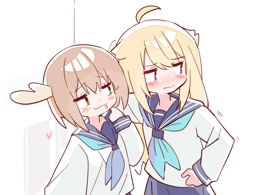 2girls, ahoge, antlers, blonde_hair, blue_eyes, blue_neckerchief, blue_sailor_collar, blue_skirt, blush, brown_hair, closed_mouth, commentary_request, drooling, green_eyes, heart, highres, horns, koshi_torako, long_hair, looking_at_another, multiple_girls, neckerchief, sailor_collar, school_uniform, serafuku, shikanoko_noko, shikanoko_nokonoko_koshitantan, shirt, short_hair, simple_background, skirt, upper_body, wavy_mouth, white_background, white_shirt, zhanzhangzlw