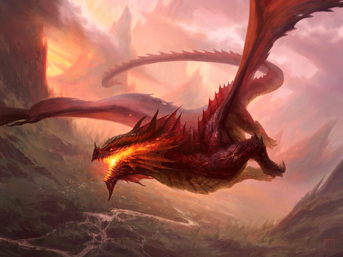 andrewkmar, animal_focus, breath_weapon, breathing_fire, clouds, cloudy_sky, dragon, dungeons_&amp;_dragons, english_commentary, fire, flying, from_above, full_body, horns, klauth_(d&amp;d), magic:_the_gathering, monster, mountainous_horizon, no_humans, official_art, outdoors, red_dragon_(d&amp;d), red_scales, river, scales, scar, scar_on_arm, scenery, sky, solo, sunset, tail, western_dragon, wings, yellow_sky