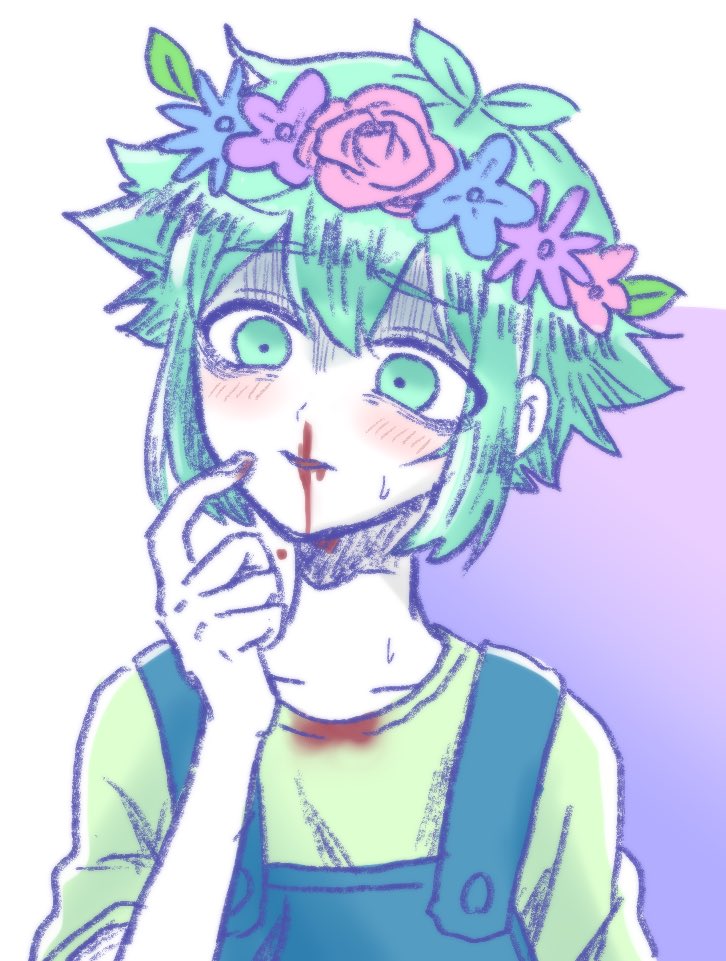 1boy, basil_(headspace)_(omori), basil_(omori), blood, blood_on_clothes, blue_overalls, collarbone, colored_skin