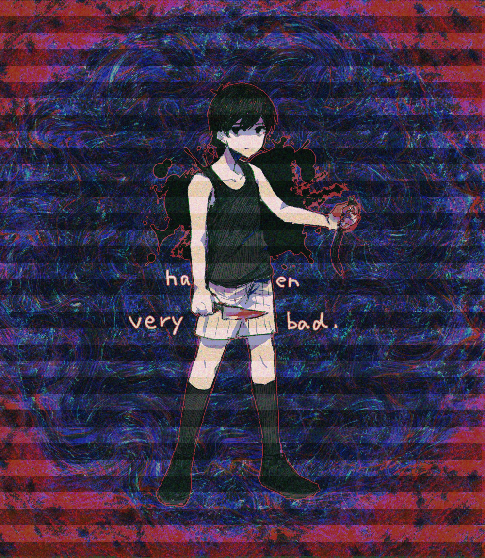 1boy, black_eyes, black_hair, black_socks, black_tank_top, blood, blood_on_hands, blood_on_knife