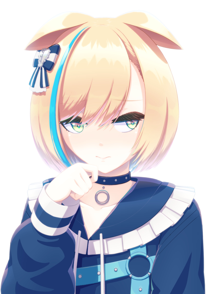 1girl, animal_ears, aqua_hair, black_collar, black_eyeshadow, blonde_hair, blue_bow, blue_jacket