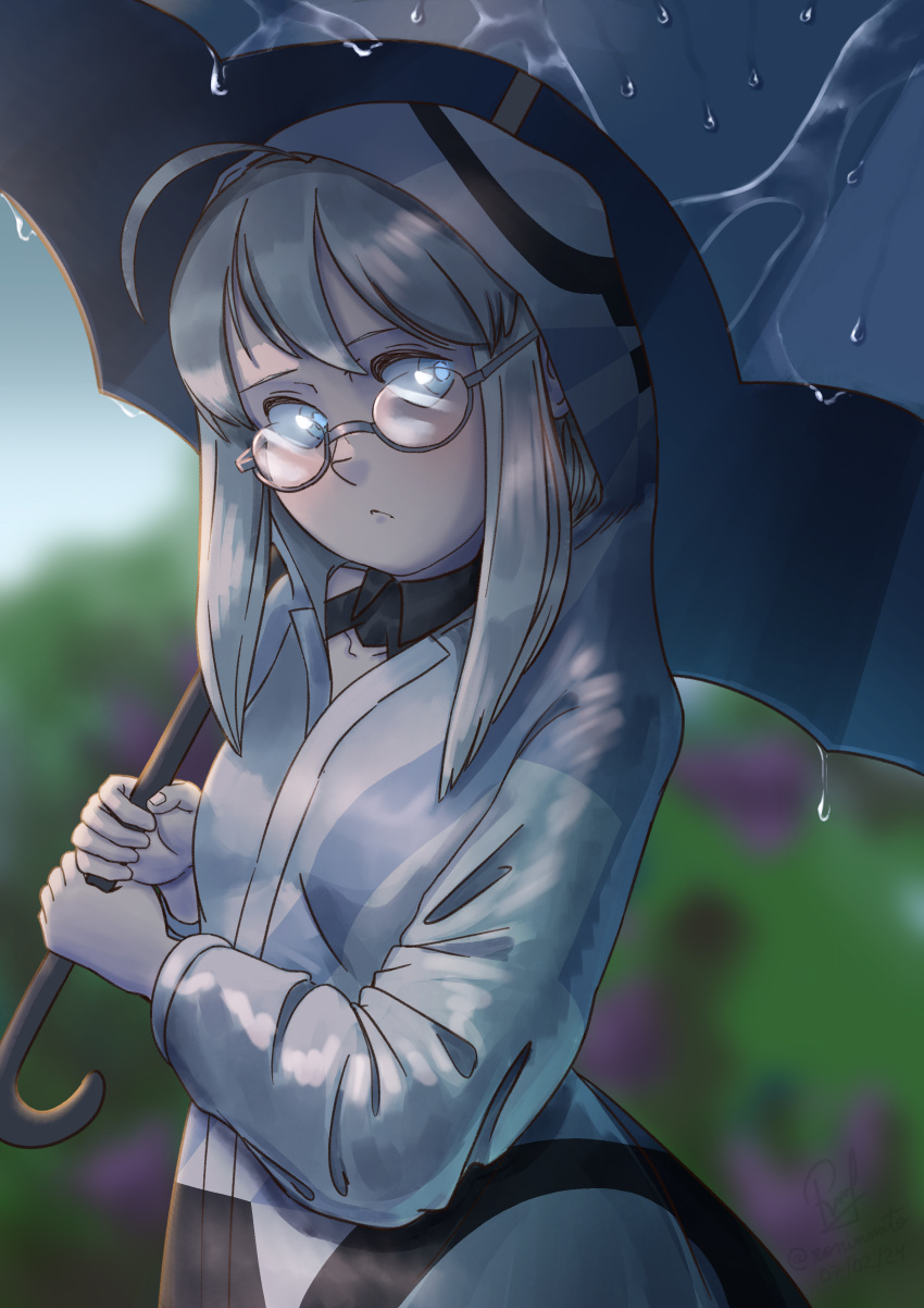1girl, absurdres, ahoge, alternate_costume, black_umbrella, cowboy_shot, english_commentary, glasses