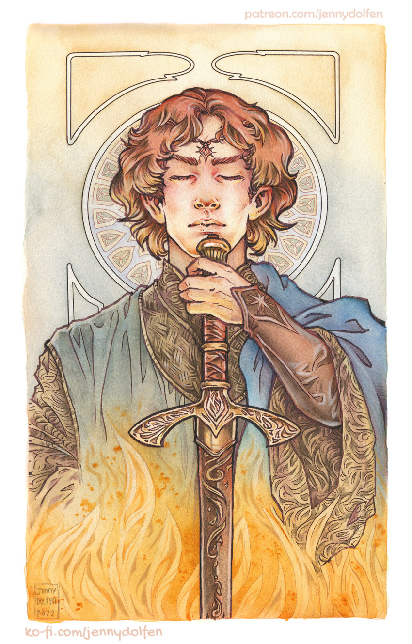 1boy, abstract_background, art_nouveau, blue_tunic, border, bracer, brown_shirt, circlet, closed_eyes, elf, fire, highres, holding, holding_sword, holding_weapon, jenny_dolfen, layered_sleeves, maedhros, male_focus, painting_(medium), pale_background, pointy_ears, redhead, shirt, sword, the_silmarillion, tolkien's_legendarium, traditional_media, watercolor_(medium), watercolor_pencil_(medium), weapon, white_border, wide_sleeves