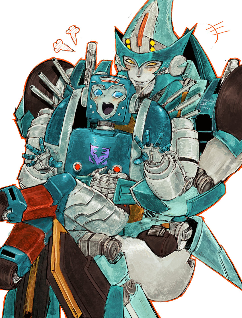 2girls, absurdres, anagorah, blue_eyes, blush, colored_skin, decepticon, grey_skin