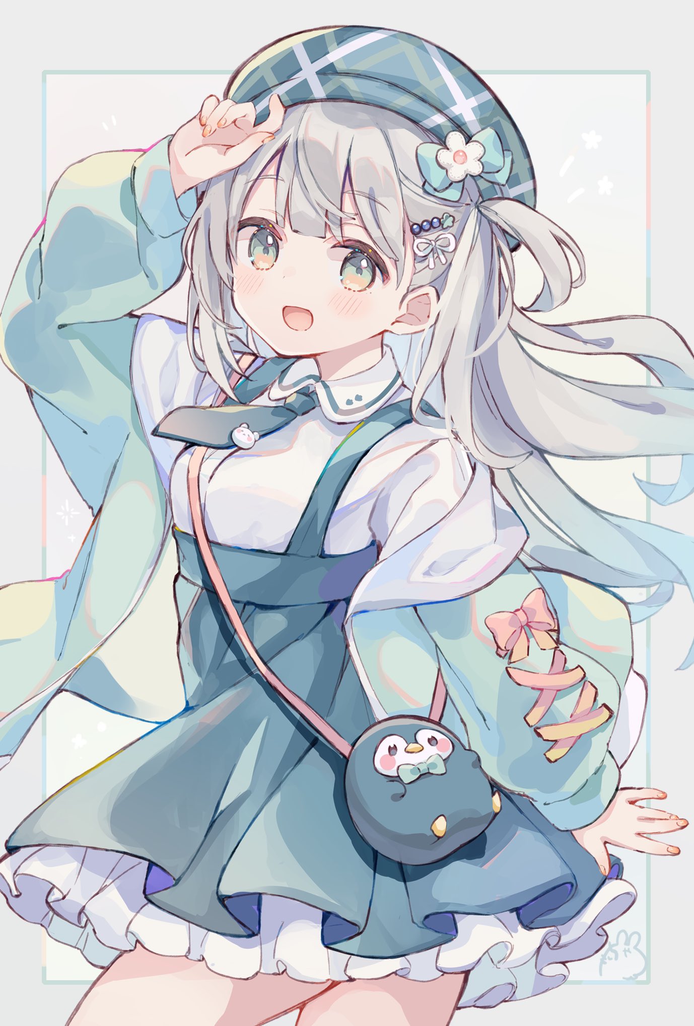 1girl, arm_up, beret, blue_skirt, bow, cardigan, collared_shirt, double-parted_bangs