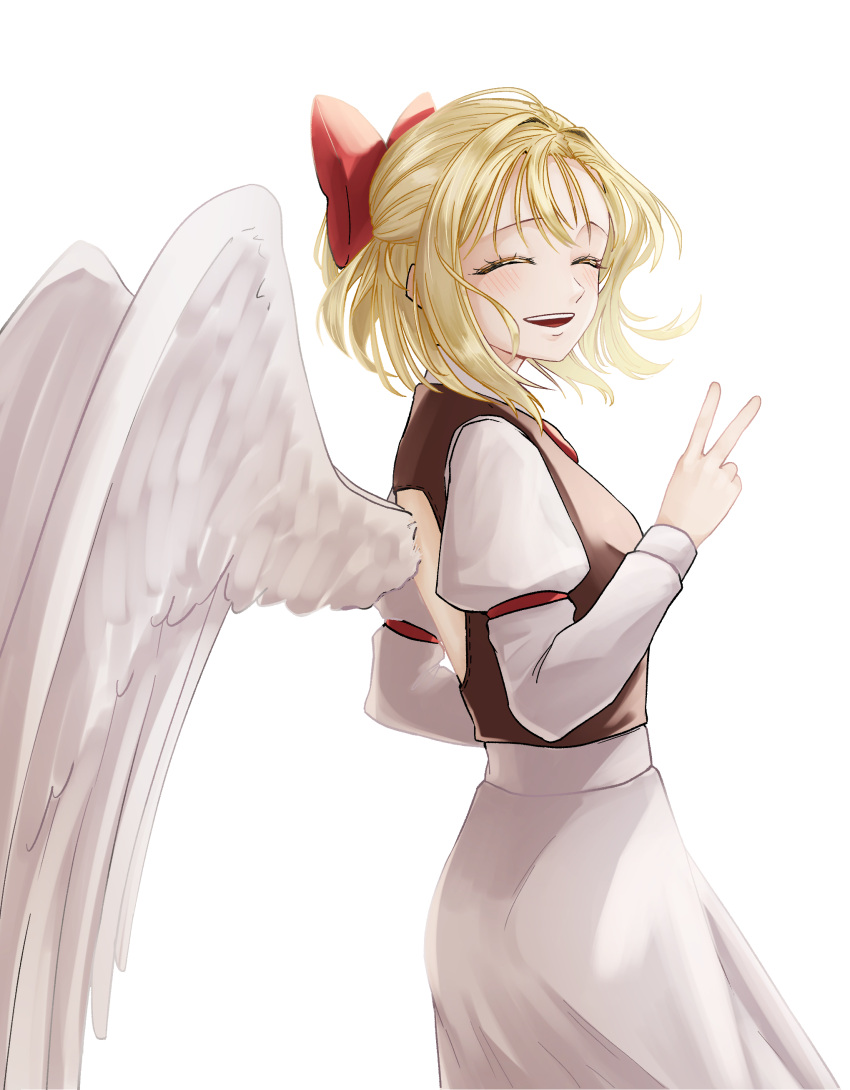 1girl, :d, absurdres, angel_wings, back_cutout, blonde_hair, bow, brown_vest