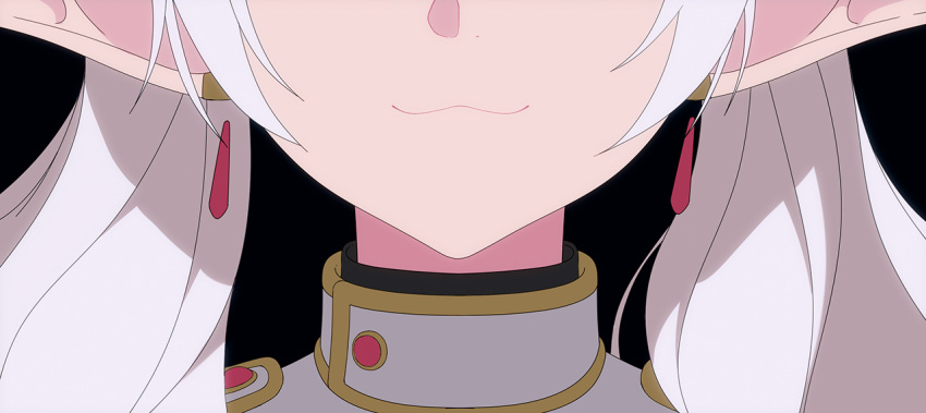 1girl, :3, a1_(initial-g), black_background, closed_mouth, commentary_request, earrings, elf, frieren, jewelry, long_hair, pointy_ears, simple_background, solo, sousou_no_frieren, twintails, upper_body, white_hair