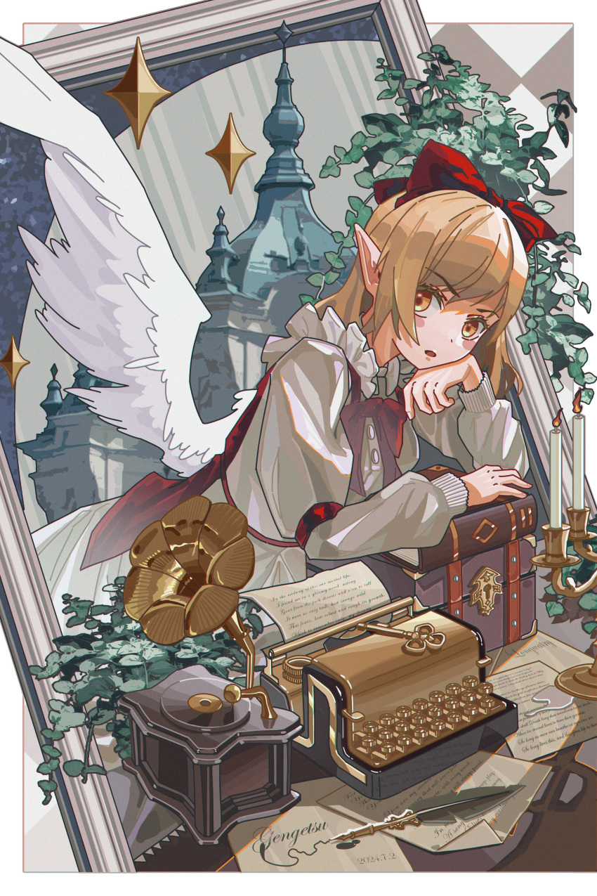 1girl, absurdres, angel_wings, blonde_hair, bow, bowtie, candle, candlestand, center_frills, chest_bow, commentary_request, feathered_wings, frills, gengetsu_(touhou), hair_bow, highres, long_sleeves, nib_pen_(object), pen, phonograph, pointy_ears, puffy_sleeves, red_bow, red_bowtie, red_suspenders, shirt, skirt, solo, suspender_skirt, suspenders, table, touhou, while_d, white_shirt, white_skirt, white_wings, wings, yellow_eyes