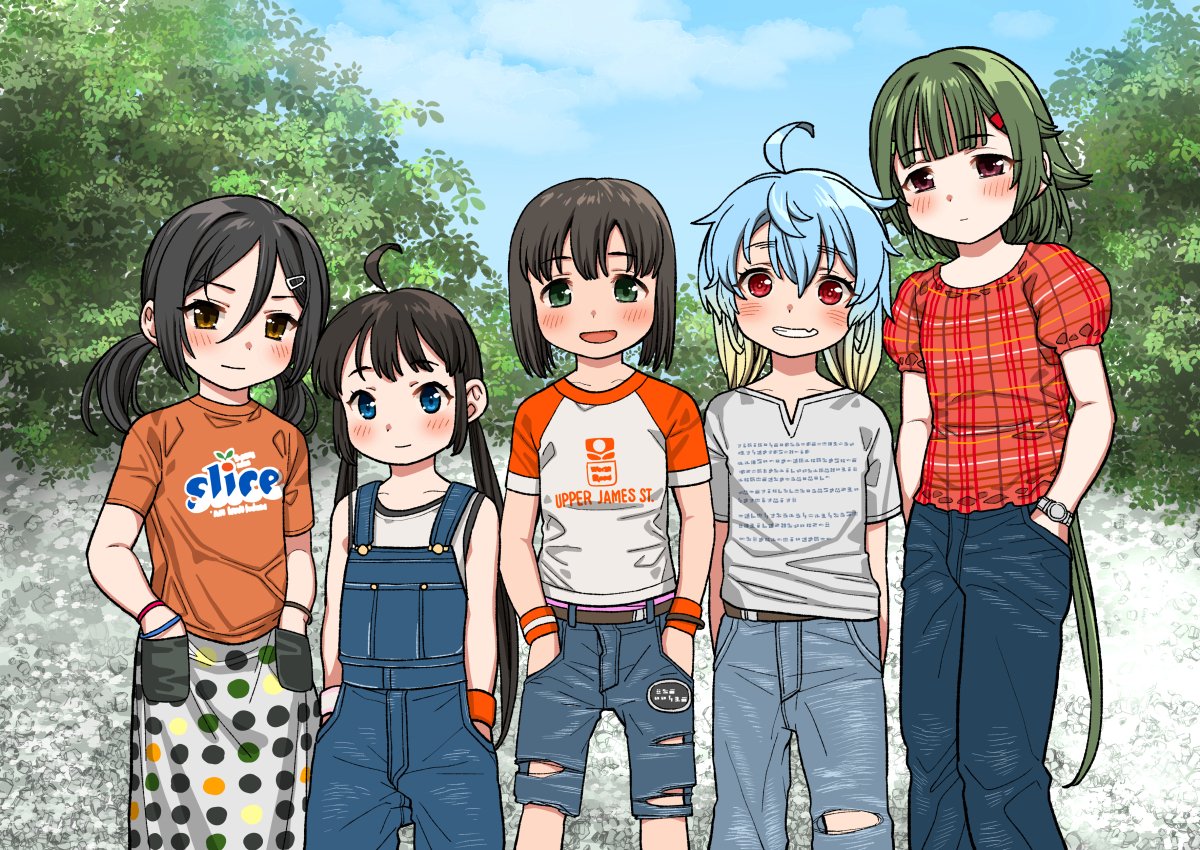 5girls, ahoge, alternate_costume, blonde_hair, blue_eyes, brown_eyes, casual, daitou_(kancolle)