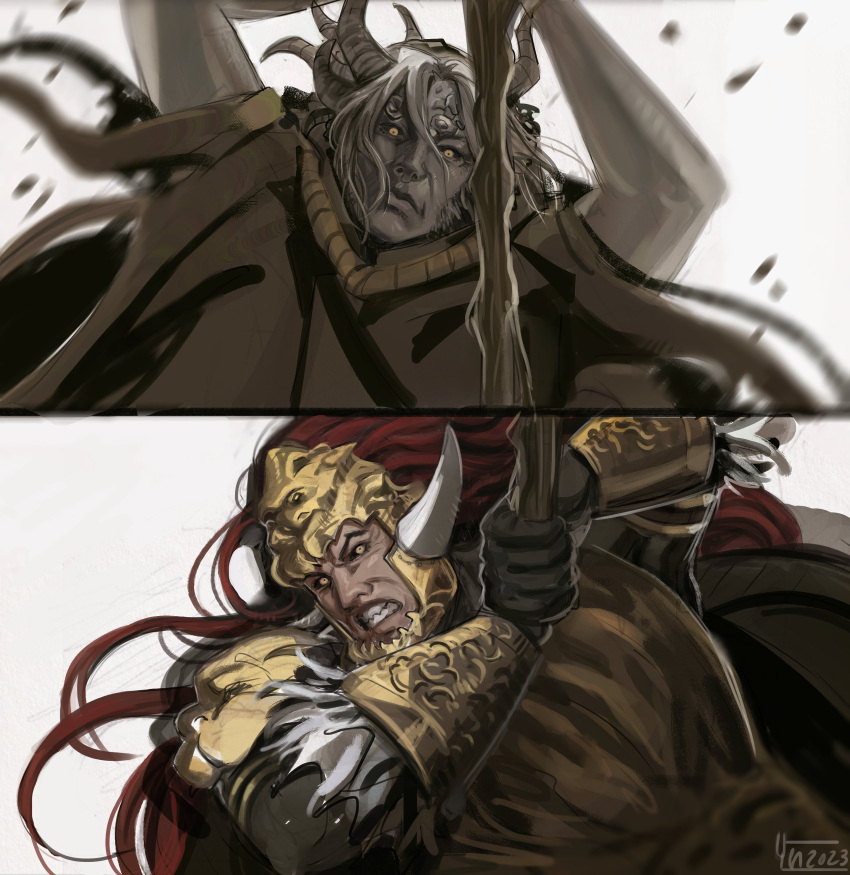 2boys, absurdres, armor, artist_name, asymmetrical_horns, battle, breastplate, brown_robe