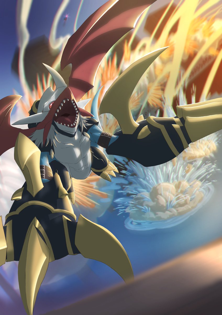 armor, black_armor, blue_skin, colored_skin, digimon, digimon_(creature), dragon, explosion