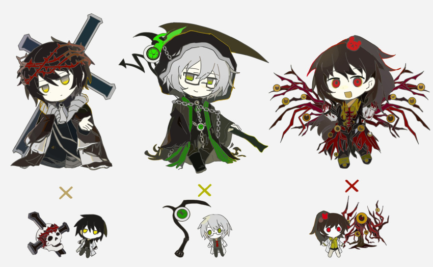 1girl, 2boys, ayin_(project_moon), bear_hair_ornament, benjamin_(project_moon), black_cloak, brown_hair, chibi