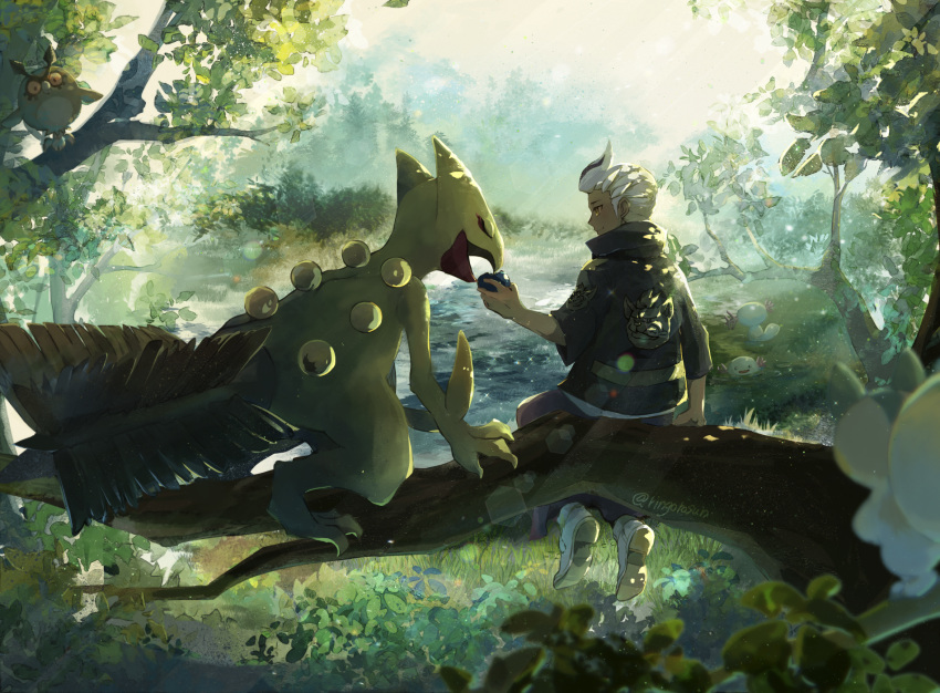 1boy, blurry, blurry_foreground, closed_mouth, commentary_request, day, drayton_(pokemon), highres, holding, hoothoot, jacket, looking_at_another, male_focus, multicolored_hair, outdoors, pachirisu, pokemon, pokemon_(creature), pokemon_sv, ringorowasabi, sceptile, shoes, sitting, smile, sparkle, streaked_hair, water, watermark, white_footwear, white_hair, wooper