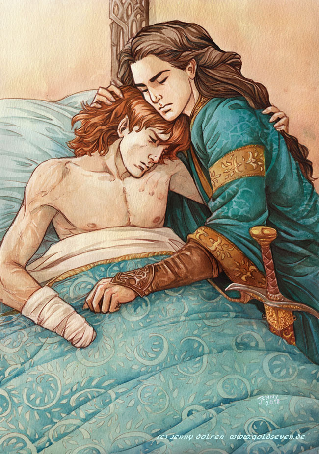 2boys, black_hair, blanket, blue_robe, bracer, brothers, closed_eyes, color_contrast