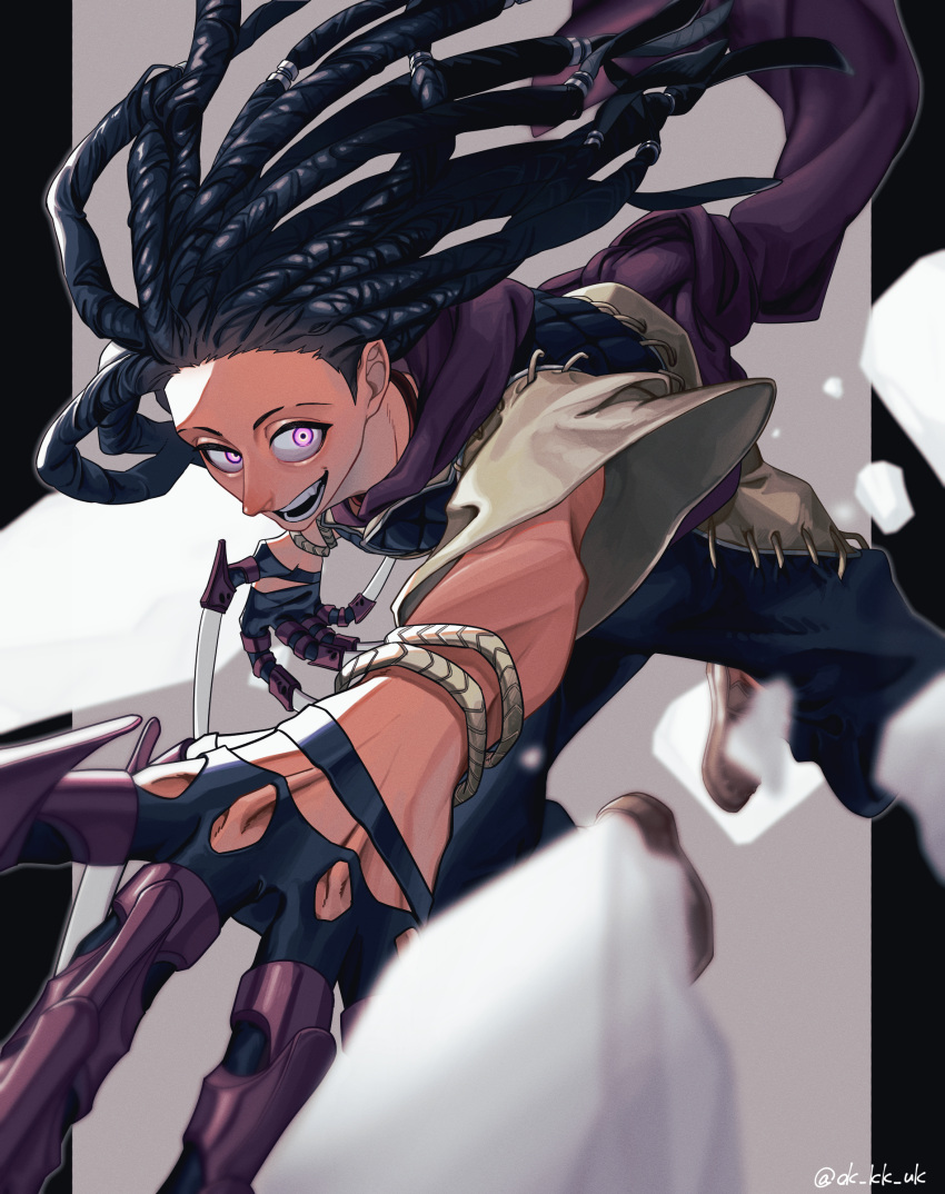1boy, :o, absurdres, back_hair, brown_footwear, claw_ring, dreadlocks, gachiakuta, highres, jabber_wongar, long_hair, migiteria, open_mouth, rope, scarf, solo, twitter_username, violet_eyes