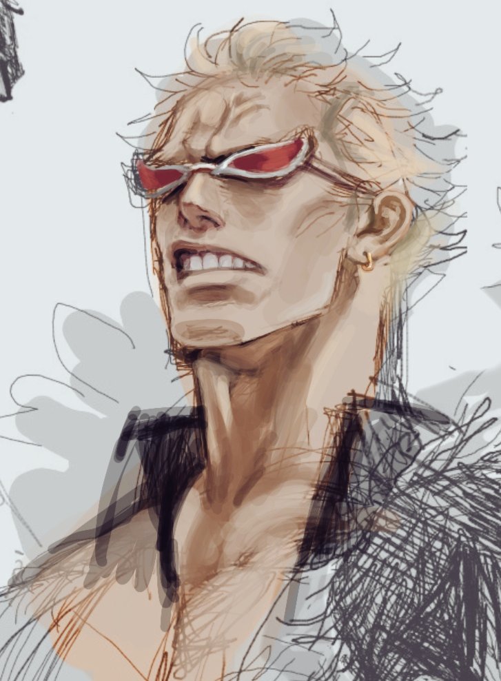 1boy, blonde_hair, collarbone, disgust, donquixote_doflamingo, grimace, high_collar, juugagon, male_focus, one_piece, portrait, short_hair, sketch, solo, sunglasses, teeth, veiny_face