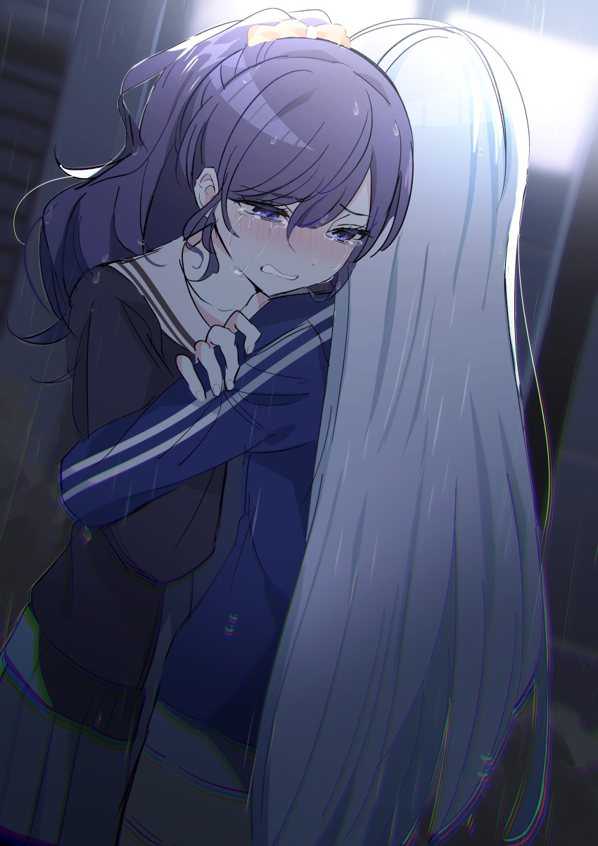 2girls, absurdres, angst, asahina_mafuyu, black_cardigan, blue_eyes, blue_jacket, blush