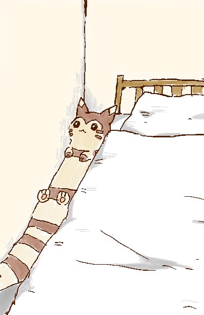 :3, animal_focus, bed, bedroom, blanket, commentary, corner, furret, haru_mineko, jaggy_lines, lying, no_humans, on_back, pawpads, pillow, pokemon, pokemon_(creature), solo, stuck