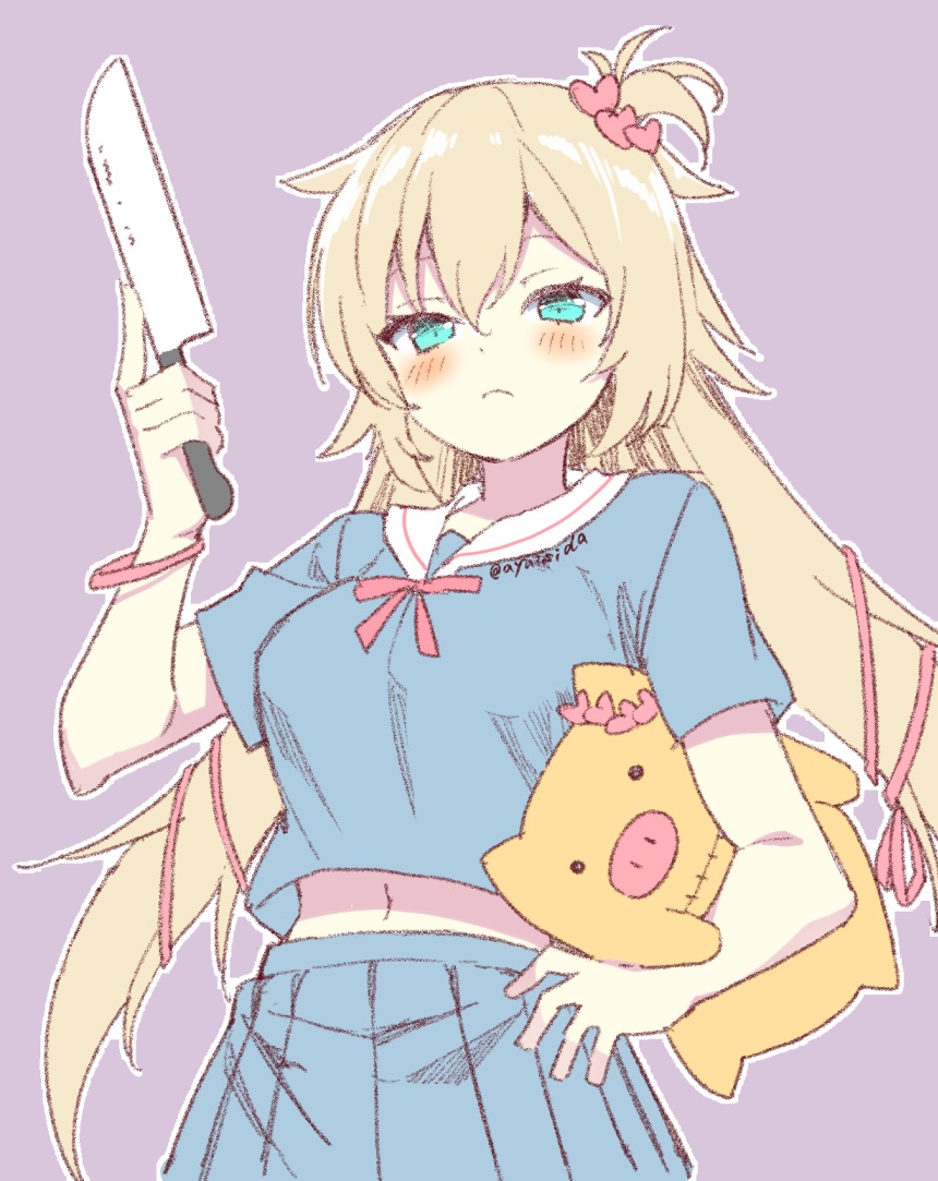 1girl, :c, akai_haato, alternate_costume, blonde_hair, blue_eyes, blue_serafuku, blue_skirt, blush, commentary, cowboy_shot, hair_ribbon, holding, holding_knife, hololive, ishida_aya, knife, long_hair, looking_at_viewer, midriff_peek, mixed-language_commentary, navel, one_side_up, pig, pleated_skirt, purple_background, red_ribbon, red_wristband, ribbon, sailor_collar, school_uniform, serafuku, simple_background, skirt, solo, twitter_username, virtual_youtuber, white_sailor_collar