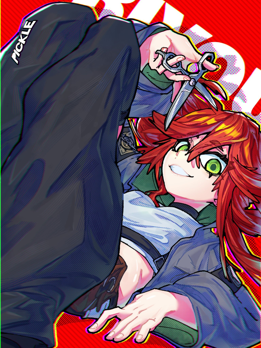 1girl, artist_name, baggy_clothes, baggy_pants, ben-day_dots, english_commentary, english_text, eyeshadow, gachiakuta, green_eyes, grey_jacket, grey_shirt, highres, holding, holding_scissors, holding_weapon, jacket, knees_up, looking_at_viewer, lying, makeup, midriff, pants, pickledtaro, red_background, redhead, riyou_(gachiakuta), scissors, screentones, shirt, simple_background, smile, solo, solo_focus, weapon