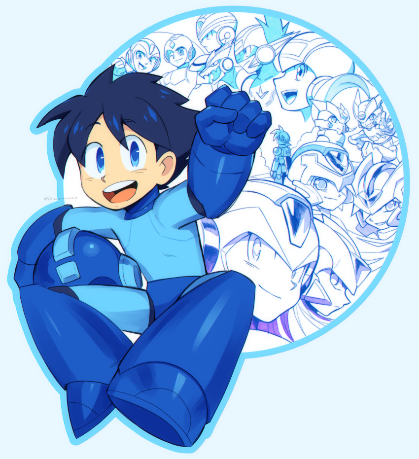 6+boys, android, black_hair, blue_bodysuit, blue_footwear, blue_gloves, blue_helmet, bodysuit