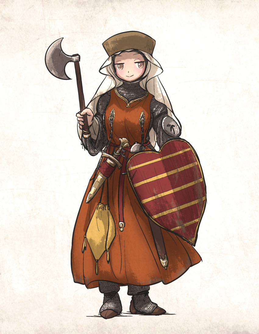 1girl, armor, axe, battle_axe, belt, brown_eyes, chainmail, chausses