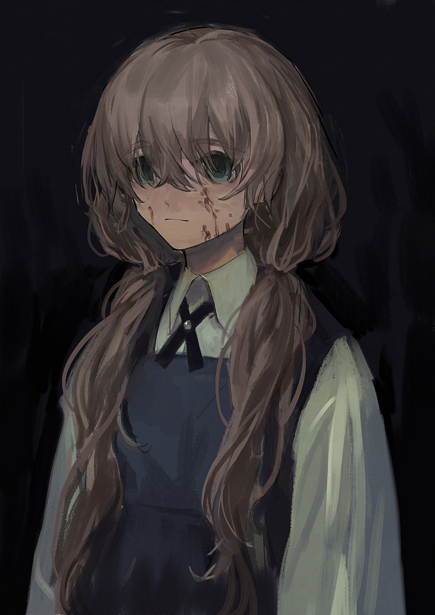 1girl, black_background, black_ribbon, blood, blood_on_face, blouse, blue_eyes, brown_hair, closed_mouth, collared_dress, collared_shirt, commentary, dress, empty_eyes, expressionless, hair_between_eyes, hair_over_shoulder, highres, komenomoku, long_hair, long_sleeves, looking_ahead, neck_ribbon, original, pinafore_dress, ribbon, shirt, sleeveless, sleeveless_dress, solo, symbol-only_commentary, twintails, upper_body, white_shirt
