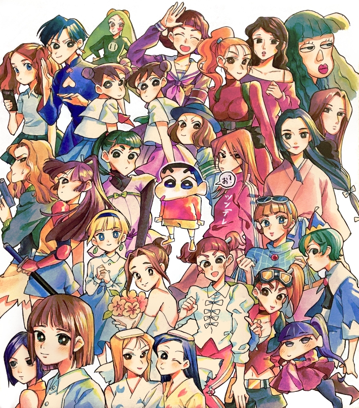 1boy, 6+girls, amagi_(crayon_shin-chan), armor, bag, black_eyes, black_hair, blonde_hair, blue_dress, blue_skirt, bouquet, bow, brown_hair, character_request, chinese_clothes, cleavage_cutout, closed_eyes, clothing_cutout, commentary_request, copyright_request, crayon_shin-chan, crayon_shin-chan:_arashi_wo_yobu!_yuuhi_no_kasukabe_boys, crayon_shin-chan:_bakuhatsu!_onsen_wakuwaku_daikessen, crayon_shin-chan:_buriburi_oukoku_no_hihou, crayon_shin-chan:_unkokusai_no_yabou, dandanbara_teruyo, double_bun, dress, earrings, eyewear_on_head, female_service_cap, goshogake_(crayon_shin-chan), green_bow, green_hair, gun, hair_bow, hair_bun, hairband, half-closed_eyes, hat, higashimatsuyama_yone, high_side_ponytail, holding, holding_bag, holding_bouquet, holding_gun, holding_weapon, ibusuki_(crayon_shin-chan), indy_junko, ishizaka_midori, japanese_clothes, jewelry, kashokubu_100g, kasuga_fubukimaru, kimono, lulu_lu_lulu, multiple_girls, navel, nohara_shinnosuke, one_eye_closed, open_mouth, orange_hair, pink_skirt, purple_hair, red_shirt, sailor_collar, sakura_mimiko, sakura_ririko, school_uniform, shirt, shopping_bag, shorts, skirt, smile, speech_bubble, sunglasses, sunomono_lemon, sword, tama_ran, towel, towel_on_head, tsubaki_(crayon_shin-chan), weapon, white_bow, yellow_footwear, yellow_shorts, yoshinaga_midori