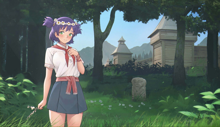 1girl, absurdres, breasts, commentary, commission, cowboy_shot, everlasting_summer, flower_wreath, forest, fort, grass, green_eyes, head_wreath, highres, holding, leonzo, medium_breasts, miniskirt, nature, neckerchief, polo_shirt, purple_hair, red_neckerchief, skirt, solo, tombstone, tree, two_side_up, unyl-chan