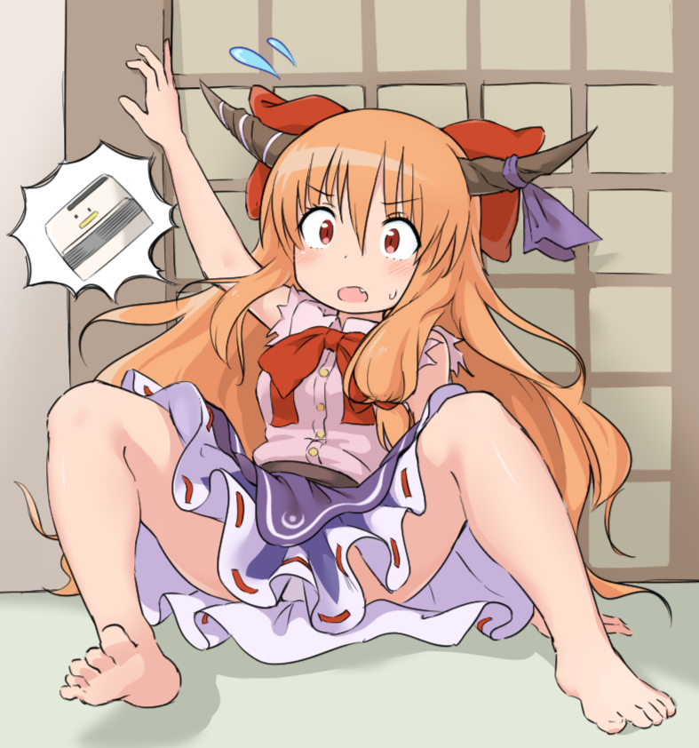 1girl, air_conditioner, barefoot, berazasu, blush, bow, brown_horns, buttons, commentary_request, cookie_(touhou), flying_sweatdrops, full_body, hair_between_eyes, hair_bow, horn_bow, horn_ornament, horns, ibuki_suika, long_hair, looking_at_viewer, medium_bangs, open_mouth, orange_eyes, orange_hair, pink_shirt, purple_bow, purple_skirt, red_bow, ribbon-trimmed_skirt, ribbon_trim, shirt, shouji, sitting, skirt, sleeveless, sleeveless_shirt, sliding_doors, solo, touhou, tripping, very_long_hair, yamin_(cookie)