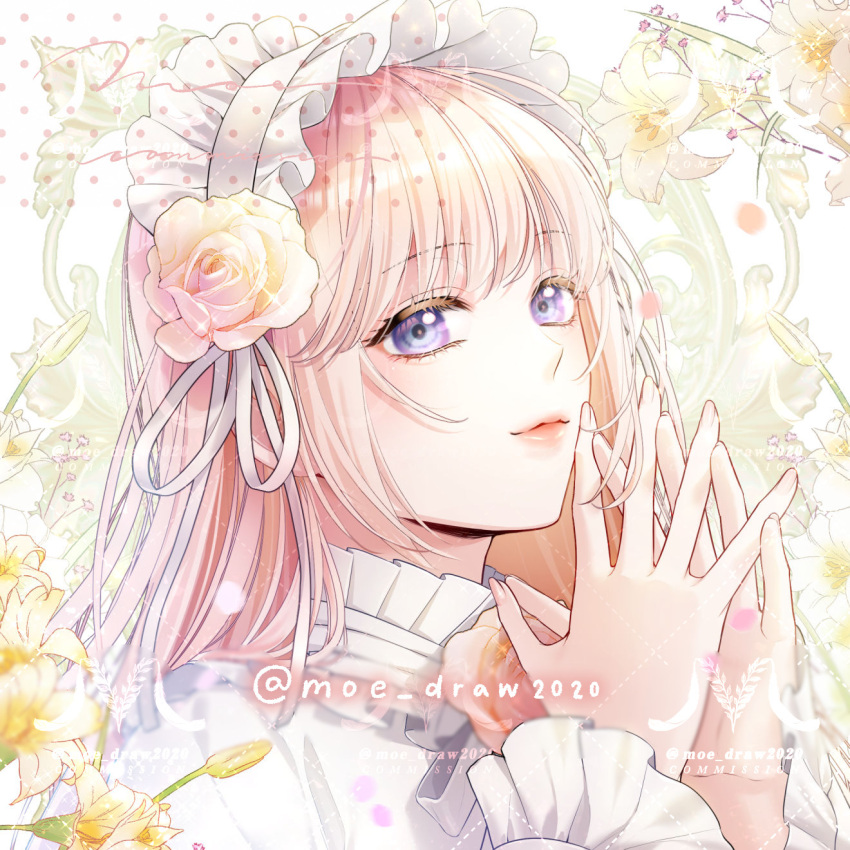 1girl, artist_name, blonde_hair, commentary, commission, english_commentary, flower, frills