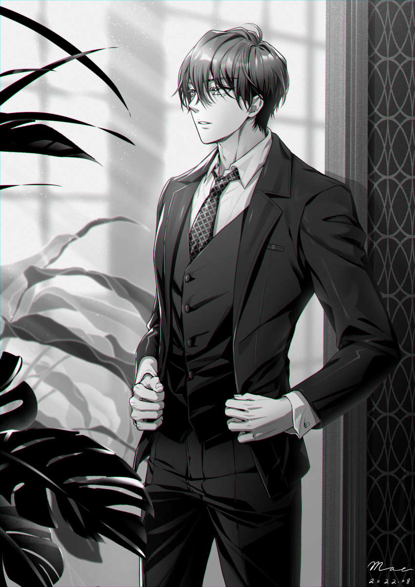1boy, absurdres, blurry, blurry_background, dated, greyscale, hair_between_eyes, highres