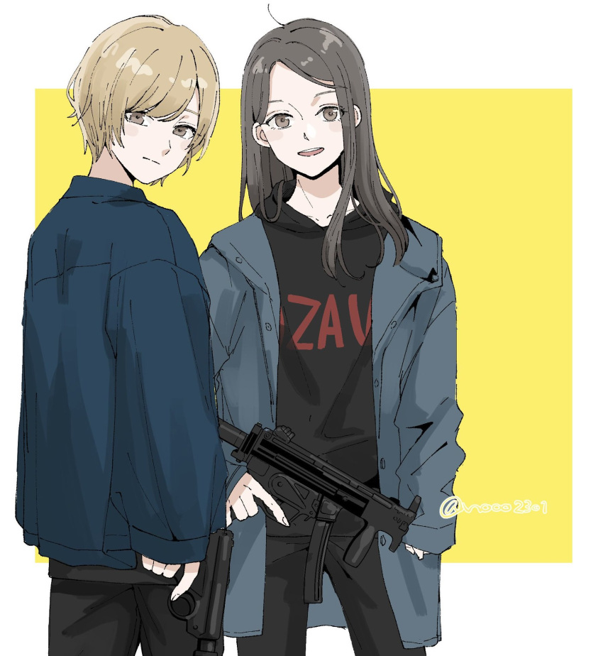 1boy, 1girl, baby_walkure, black_hair, black_hoodie, black_pants, blue_coat, blue_jacket