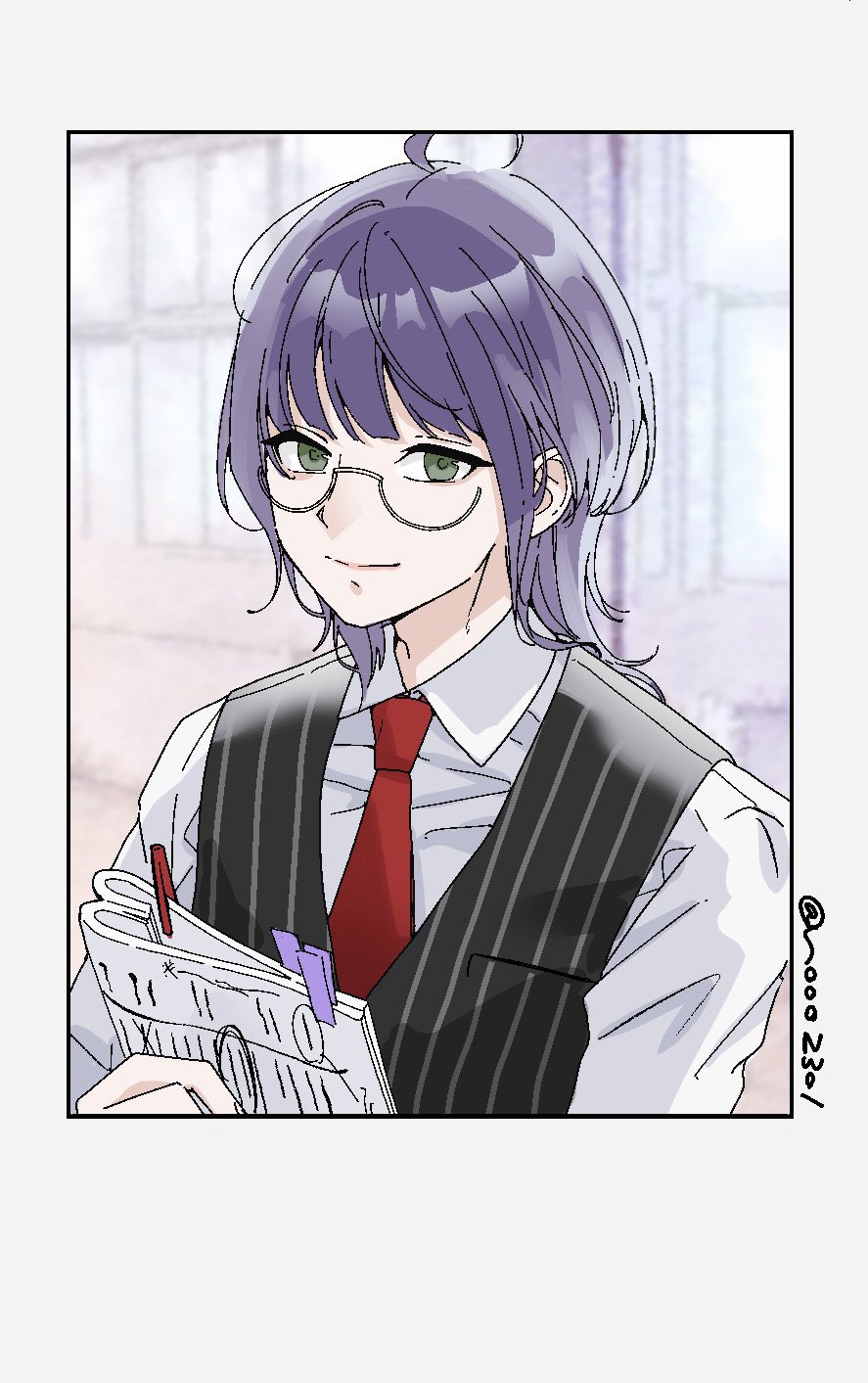 1boy, black_vest, border, closed_mouth, collared_shirt, day, dress_shirt, glasses