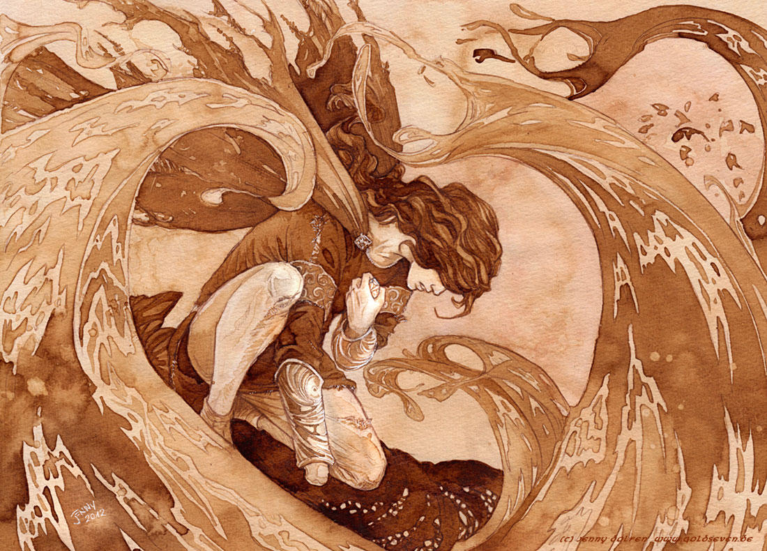 bracer, brown_theme, cape, coffee_(medium), embroidery, grimace, hair_over_eyes, holding_to_chest