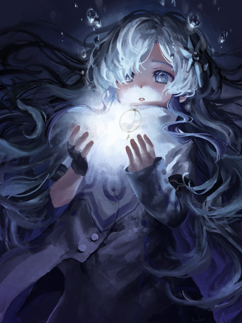 1girl, air_bubble, asymmetrical_sleeves, blue_eyes, bright_pupils, bubble, cevio, coat