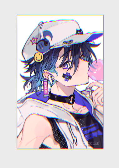 1boy, airpods, baseball_cap, black_choker, black_shirt, blue_eyes, blue_hair, chewing_gum, choker, chromatic_aberration, crossed_bandaids, hat, hood, hood_down, hooded_vest, hoodie, looking_at_viewer, male_focus, nijisanji, nijisanji_en, sapphire_(nine), shirt, solo, tag_earrings, vest, virtual_youtuber, white_hat, white_vest, wireless_earphones, yugo_asuma, yuguy_(yugo_asuma)