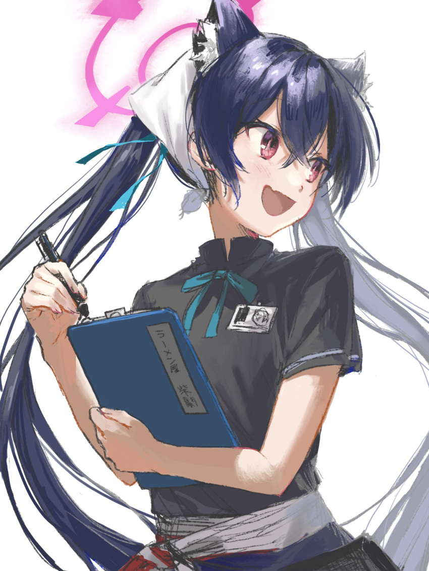 1girl, animal_ear_fluff, animal_ears, aqua_ribbon, black_shirt, blue_archive, blue_hair, cat_ears