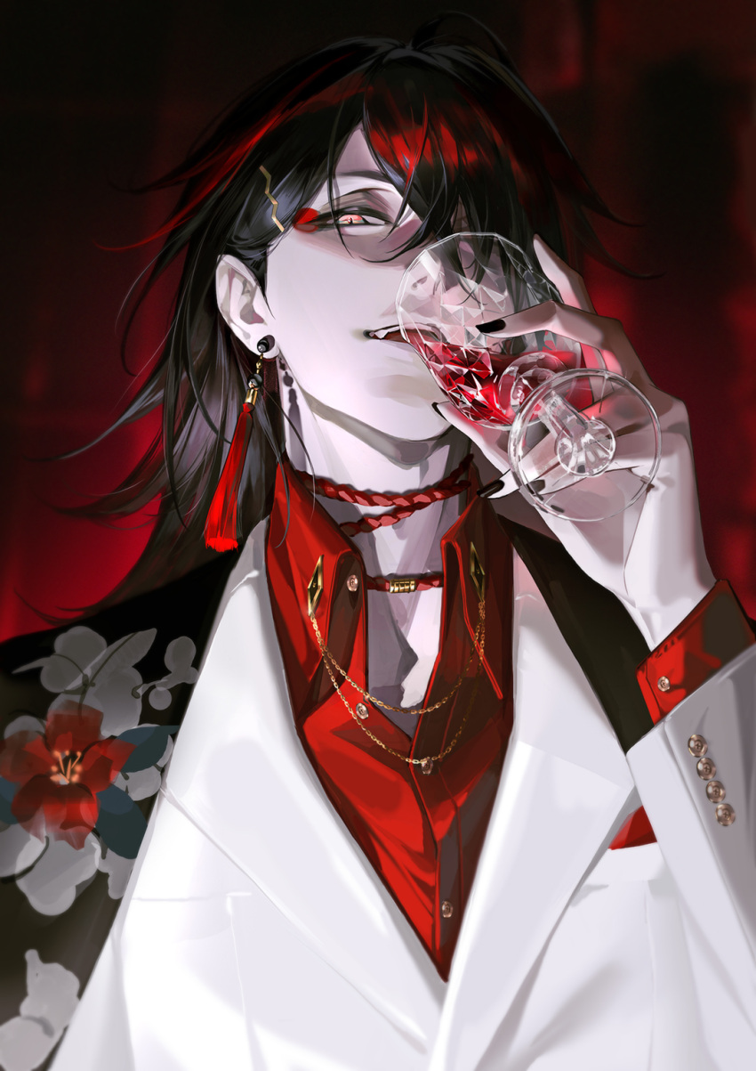 1boy, alcohol, black_coat, black_hair, black_nails, choker, coat, coat_on_shoulders, collared_shirt, cup, drinking, drinking_glass, earrings, fangs, hair_behind_ear, hair_ornament, hair_over_one_eye, hairclip, highres, holding, holding_cup, jacket, jewelry, long_hair, male_focus, multicolored_hair, nail_polish, nijisanji, nijisanji_en, one_eye_covered, pale_skin, print_coat, red_background, red_choker, red_shirt, red_wine, shirt, sleeptight, solo, streaked_hair, suit, suit_jacket, tassel, tassel_earrings, virtual_youtuber, vox_akuma, white_jacket, wine, wine_glass