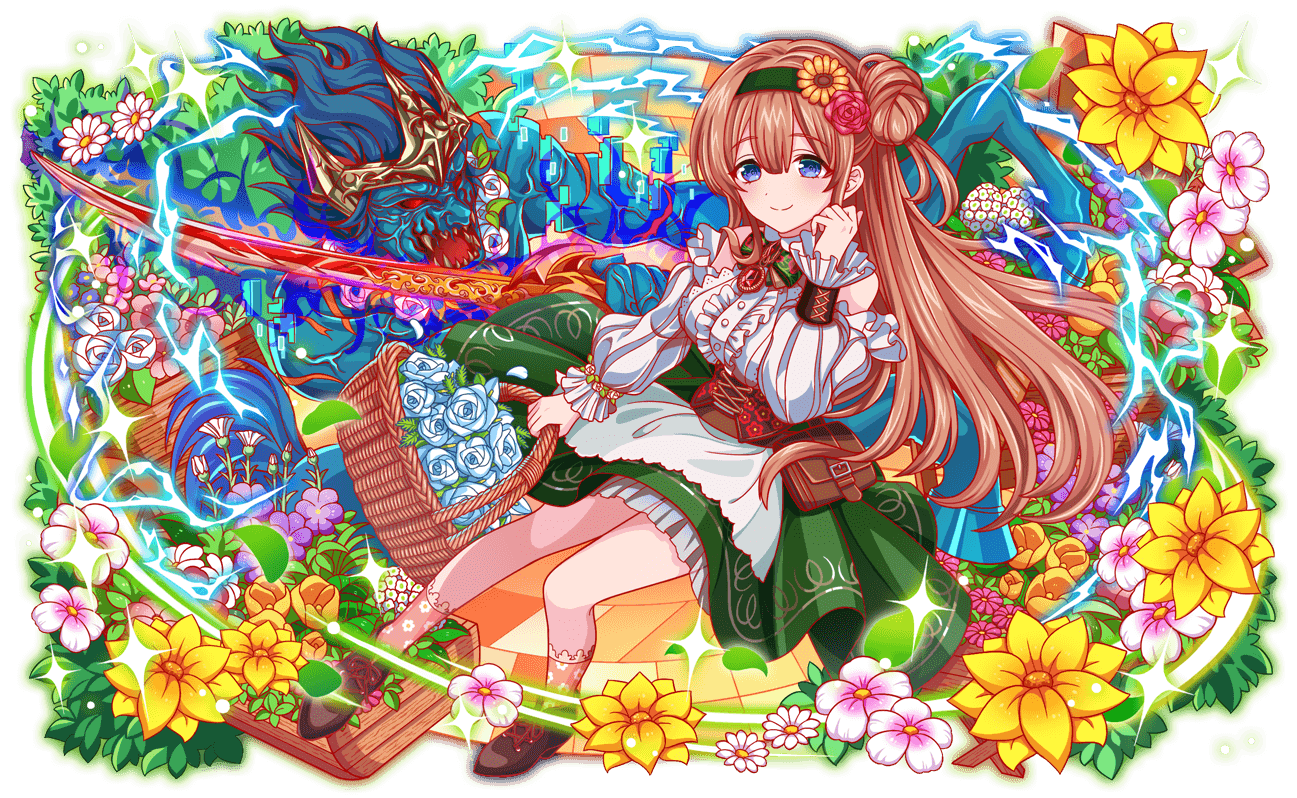 1girl, 1other, apron, aqua_flower, aqua_rose, armband, bag, bare_shoulders