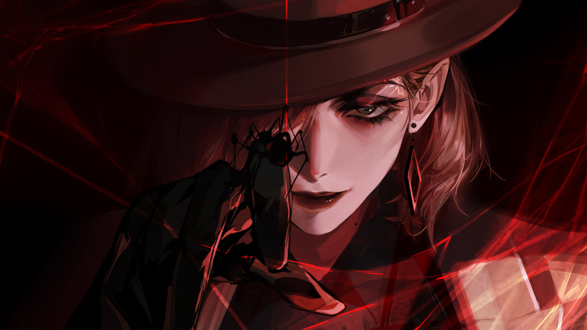 1girl, black_gloves, black_shirt, blonde_hair, bug, collared_shirt, dangle_earrings, earrings