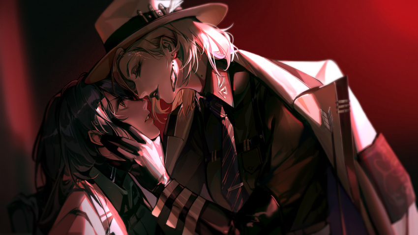 2girls, black_gloves, black_necktie, black_undershirt, blonde_hair, breast_pocket, bullet, chest_harness