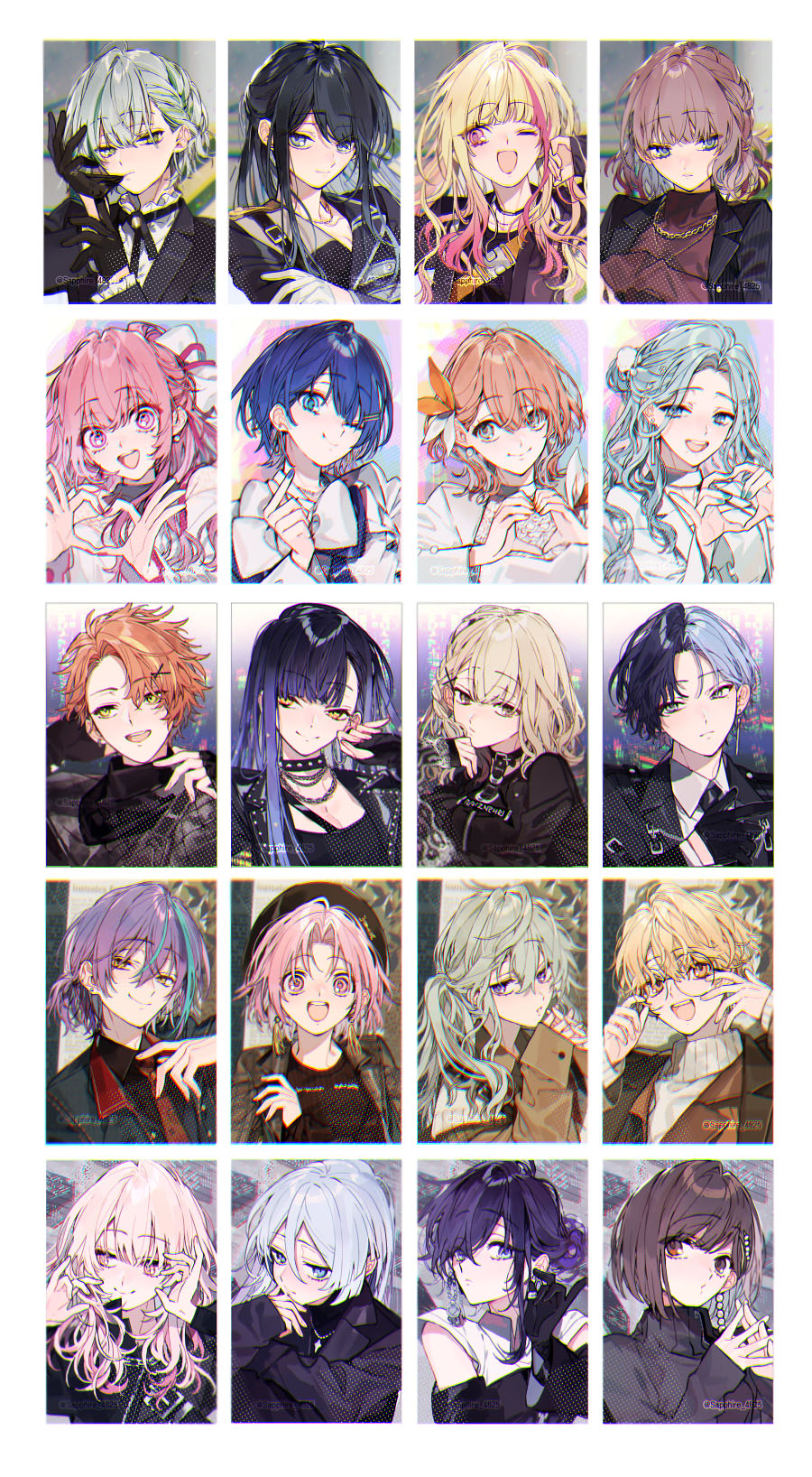 1other, 25-ji_nightcord_de._(project_sekai), 4-fingers_heart_hands, 4boys, 6+girls, adjusting_clothes, adjusting_gloves, akiyama_mizuki